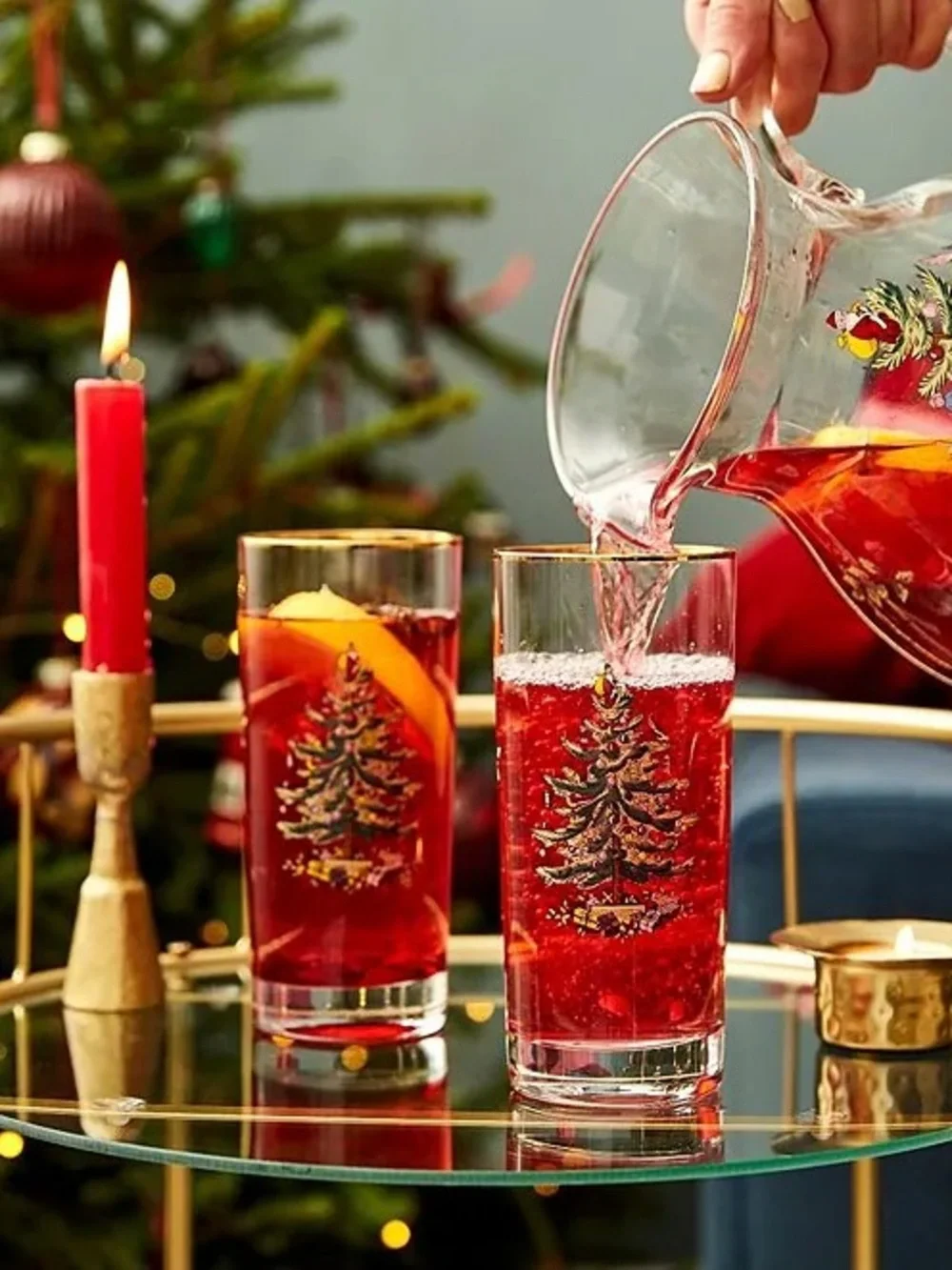 Set of 8 Spode Christmas Tree 22K Gold Rimmed 15oz Highball Glasses New in Box